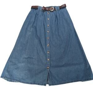 Y2K Cabin Creek Denim Skirt Womens 14 Blue Button Front Belted A Line Pockets